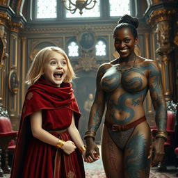 In a lavish medieval noble room, a very happy and malnourished 19-year-old blonde girl, petite with medium-length hair and bright blue eyes, is joyfully screaming with her mouth wide open, expressing a blend of desperation and excitement