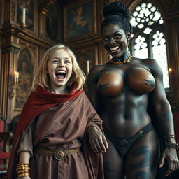 In a lavish medieval noble room, a very happy and malnourished 19-year-old blonde girl, petite with medium-length hair and bright blue eyes, is joyfully screaming with her mouth wide open, expressing a blend of desperation and excitement