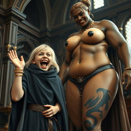 In a grand medieval noble chamber, a very short, malnourished yet extraordinarily happy blonde girl, age 19, with medium-length hair and bright blue eyes, is seen exuberantly screaming with joy