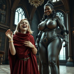 In a grand medieval noble chamber, a very short, malnourished yet extraordinarily happy blonde girl, age 19, with medium-length hair and bright blue eyes, is seen exuberantly screaming with joy