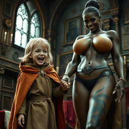 In a lavish medieval noble chamber, a very short, malnourished yet exuberantly happy blonde girl, 19 years old, with medium-length hair and bright blue eyes, is seen joyfully screaming with an expression of frantic happiness, furrowing her brow and widening her mouth in delight