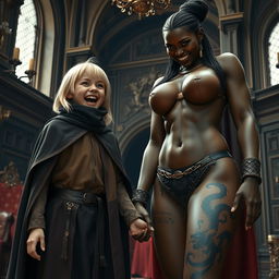 In a lavish medieval noble chamber, a very short, malnourished yet exuberantly happy blonde girl, 19 years old, with medium-length hair and bright blue eyes, is seen joyfully screaming with an expression of frantic happiness, furrowing her brow and widening her mouth in delight