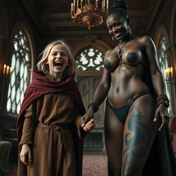 In a lavish medieval noble chamber, a very short, malnourished yet exuberantly happy blonde girl, 19 years old, with medium-length hair and bright blue eyes, is seen joyfully screaming with an expression of frantic happiness, furrowing her brow and widening her mouth in delight