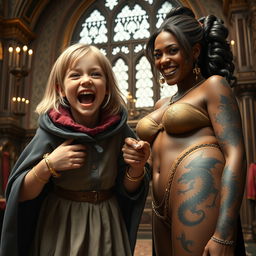 In an ornate medieval noble chamber, a very short, malnourished yet incredibly joyful blonde girl, age 19, with medium-length hair and bright blue eyes, is depicted exuberantly screaming with delight, her mouth wide open in a frantic expression