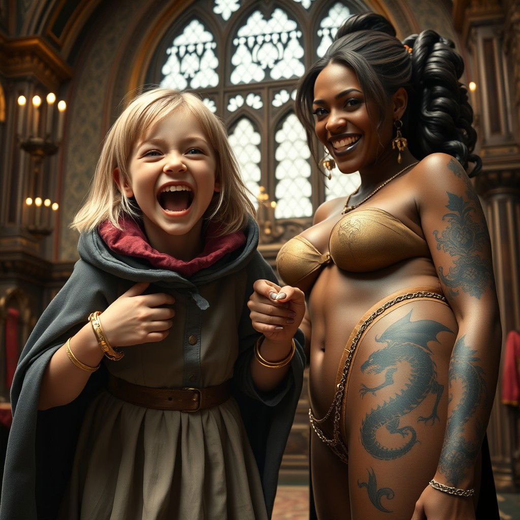 In an ornate medieval noble chamber, a very short, malnourished yet incredibly joyful blonde girl, age 19, with medium-length hair and bright blue eyes, is depicted exuberantly screaming with delight, her mouth wide open in a frantic expression