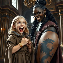 In an ornate medieval noble chamber, a very short, malnourished yet incredibly joyful blonde girl, age 19, with medium-length hair and bright blue eyes, is depicted exuberantly screaming with delight, her mouth wide open in a frantic expression