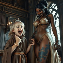 In an ornate medieval noble chamber, a very short, malnourished yet incredibly joyful blonde girl, age 19, with medium-length hair and bright blue eyes, is depicted exuberantly screaming with delight, her mouth wide open in a frantic expression