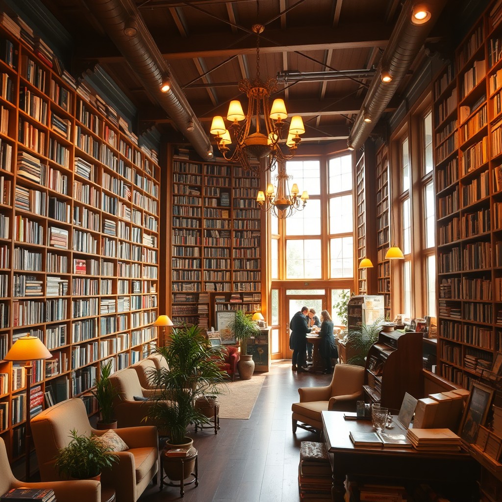 An inviting and cozy interior of a bookstore, filled with tall bookshelves brimming with a diverse selection of books