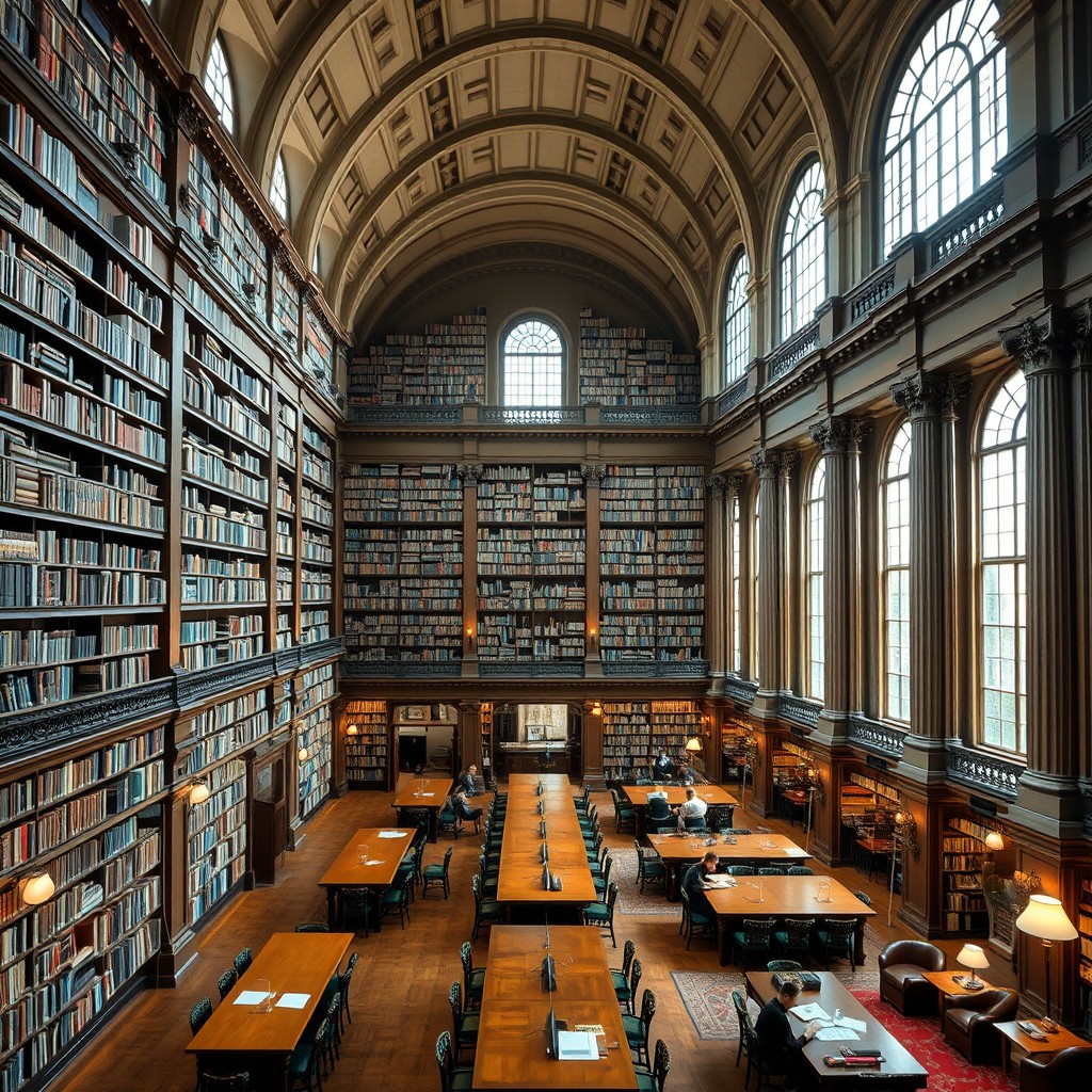 A spacious and elegant university library, showcasing towering shelves filled with countless books ranging from classic literature to modern academic texts