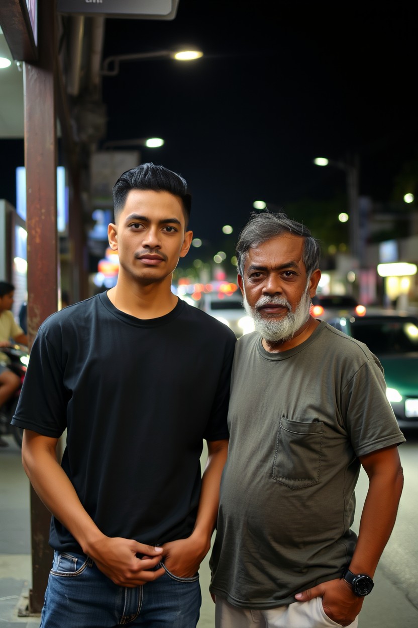 Two Indonesian male characters in a lively street-side coffee shop at night