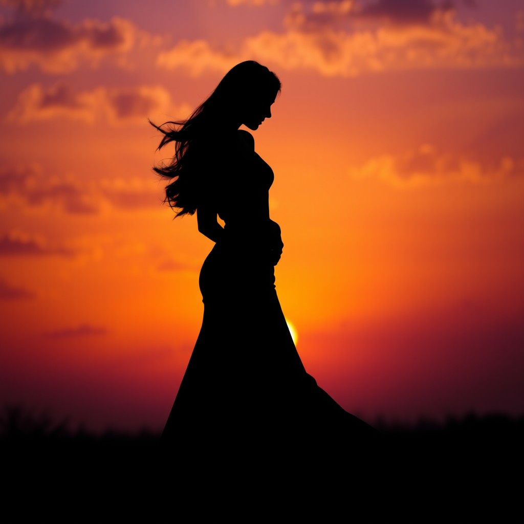 A mysterious woman silhouette standing gracefully against a vibrant sunset background