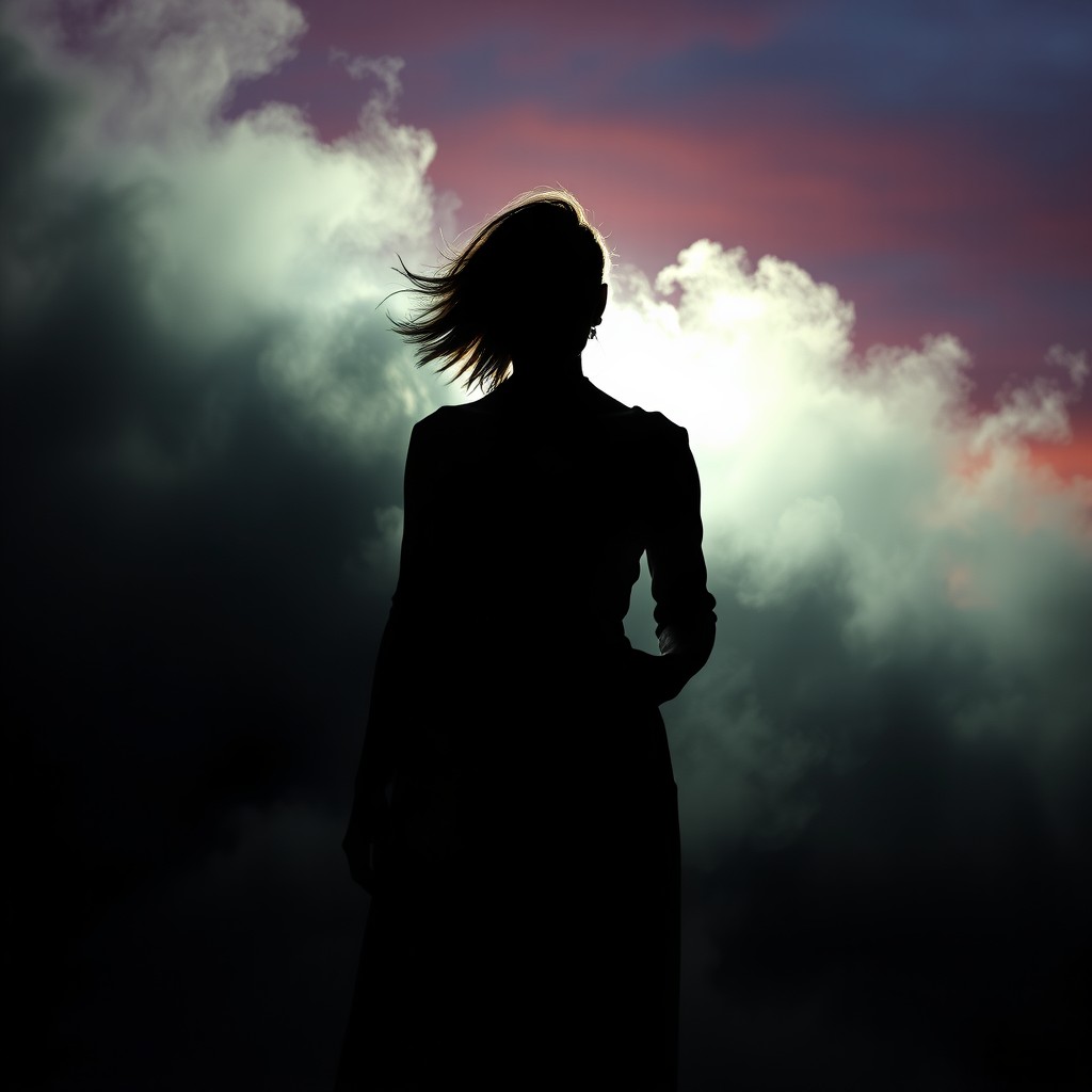 A mysterious silhouette of a woman shrouded in intrigue, surrounded by ethereal mist and symbols that represent puzzles and mysteries, with a backdrop of a twilight sky