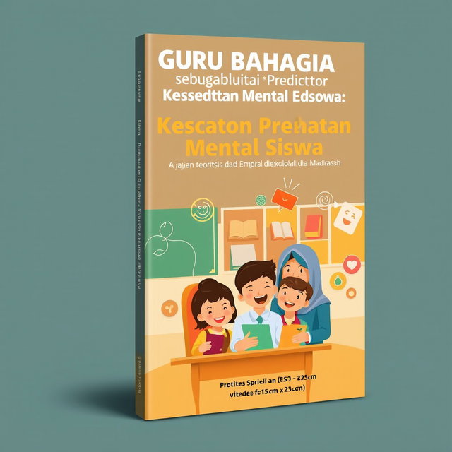 A captivating book cover design for 'Guru Bahagia sebagai Prediktor Kesehatan Mental Siswa: Kajian Teoritis dan Empiris di Sekolah dan Madrasah'