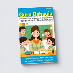 An engaging book cover design for 'Guru Bahagia sebagai Prediktor Kesehatan Mental Siswa: Kajian Teoritis dan Empiris di Sekolah dan Madrasah'