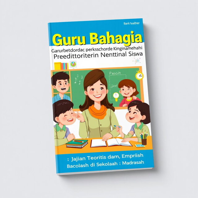 An engaging book cover design for 'Guru Bahagia sebagai Prediktor Kesehatan Mental Siswa: Kajian Teoritis dan Empiris di Sekolah dan Madrasah'