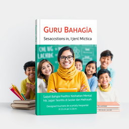 A visually engaging book cover design for 'Guru Bahagia sebagai Prediktor Kesehatan Mental Siswa: Kajian Teoritis dan Empiris di Sekolah dan Madrasah'