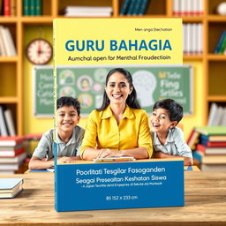 A visually engaging book cover design for 'Guru Bahagia sebagai Prediktor Kesehatan Mental Siswa: Kajian Teoritis dan Empiris di Sekolah dan Madrasah'