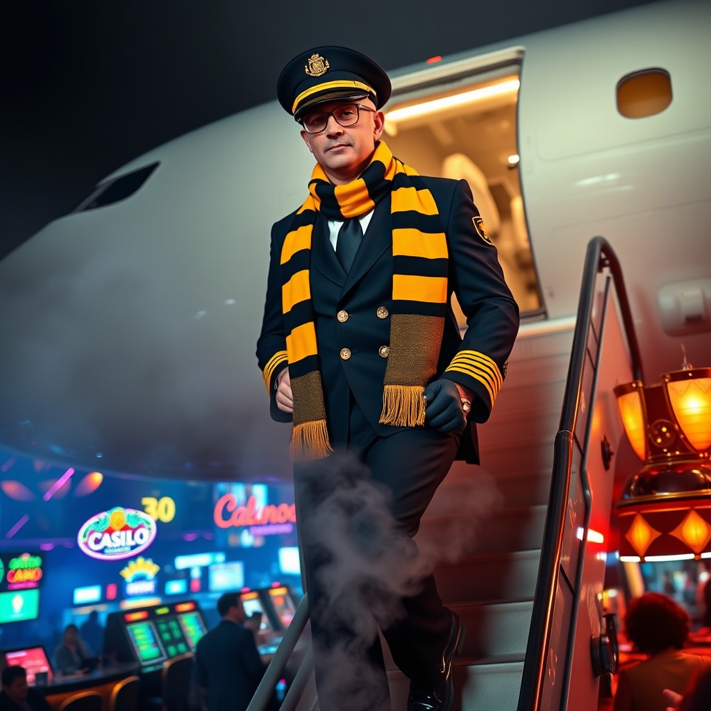 A captain in a traditional captain's uniform, looking confident and stylish, wearing a vibrant yellow and black scarf that shows support for his football team