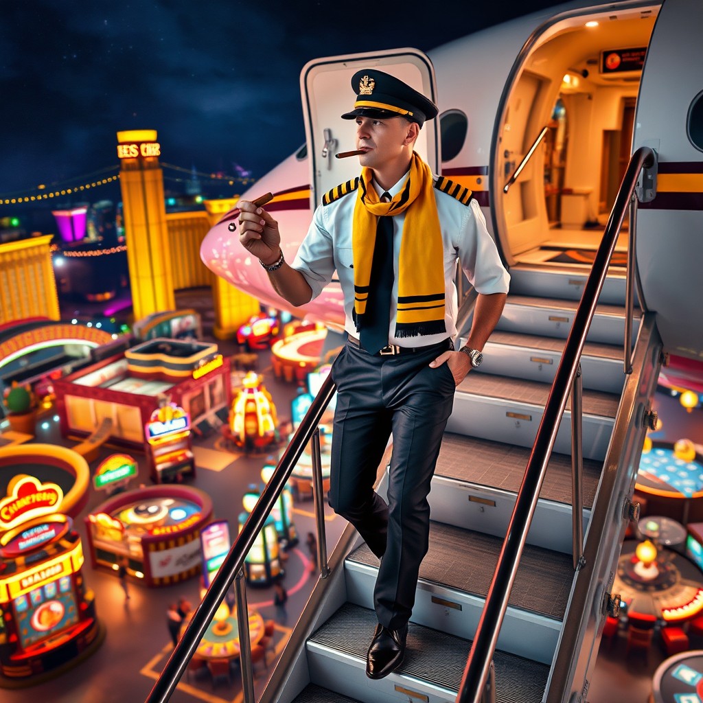 A pilot captain dressed in a crisp uniform, adorned with a vibrant yellow and black scarf, confidently descends the stairs from an airplane