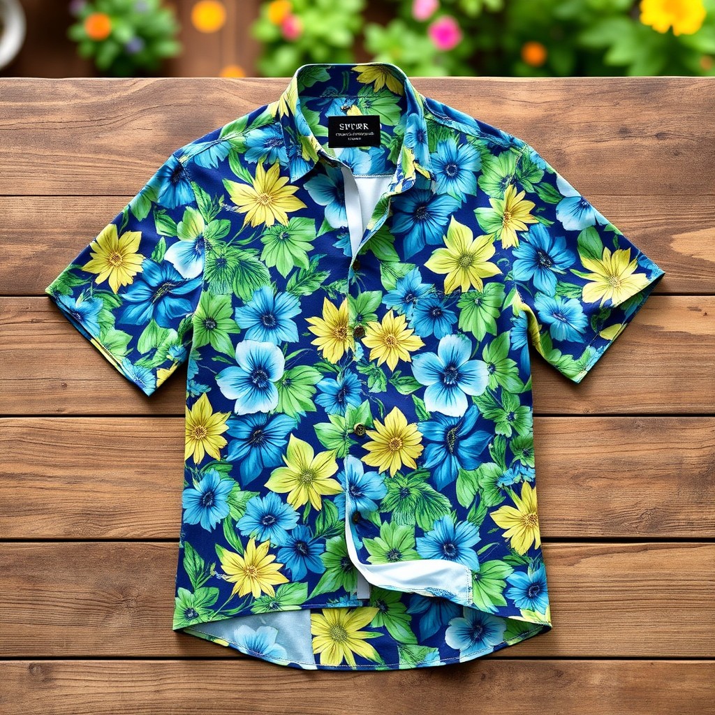 A stylish men's shirt featuring a vibrant floral pattern with shades of blue, green, and yellow