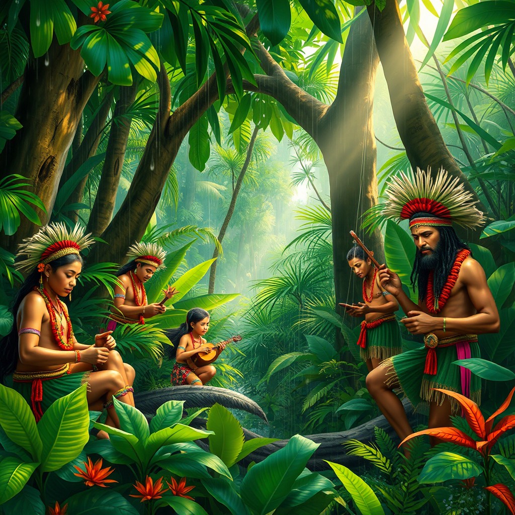 A vibrant scene depicting the indigenous people of Brazil in their lush rainforest habitat, showcasing their rich cultural attire and traditional practices
