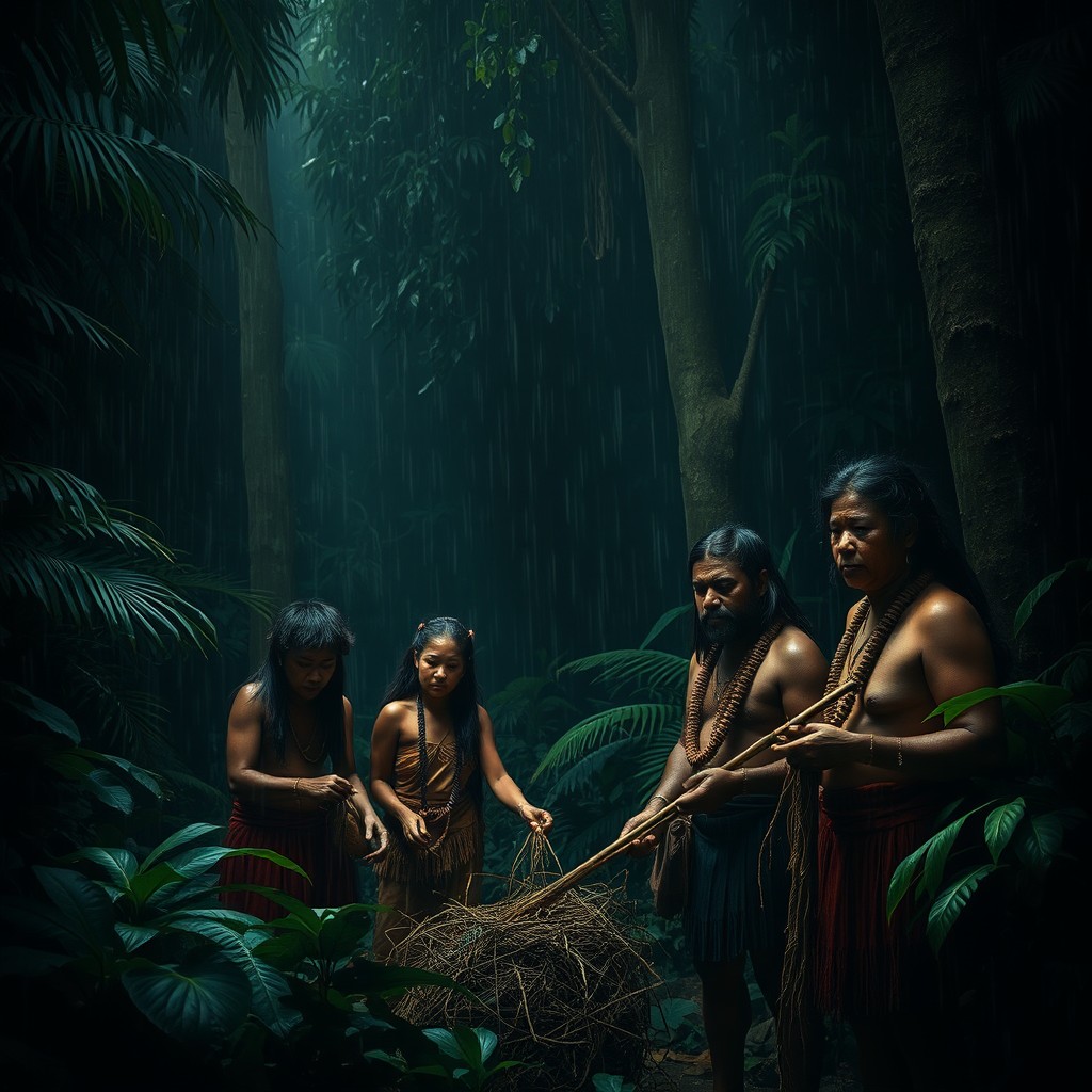 A captivating and slightly darker scene depicting the indigenous people of Brazil in their rainforest environment, surrounded by the deep greens of the dense foliage and the shadows cast by towering trees