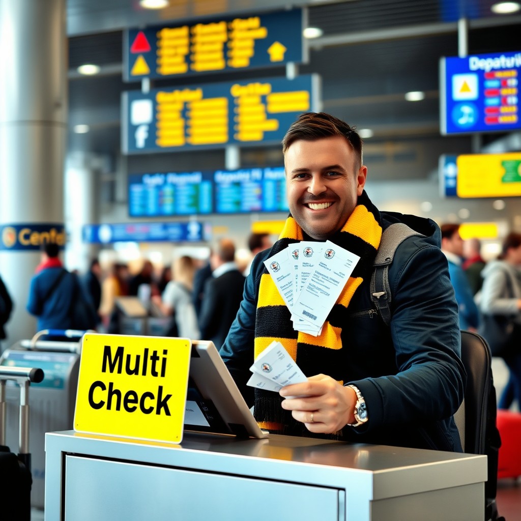 A football fan with a yellow and black scarf, sitting at an airport check-in desk that isn't theirs, prominently displaying a sign that says 'Multi Check In'