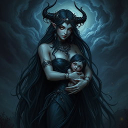 A captivating depiction of Lilith, the dark goddess, cradling a small, enigmatic figure resembling Armilus