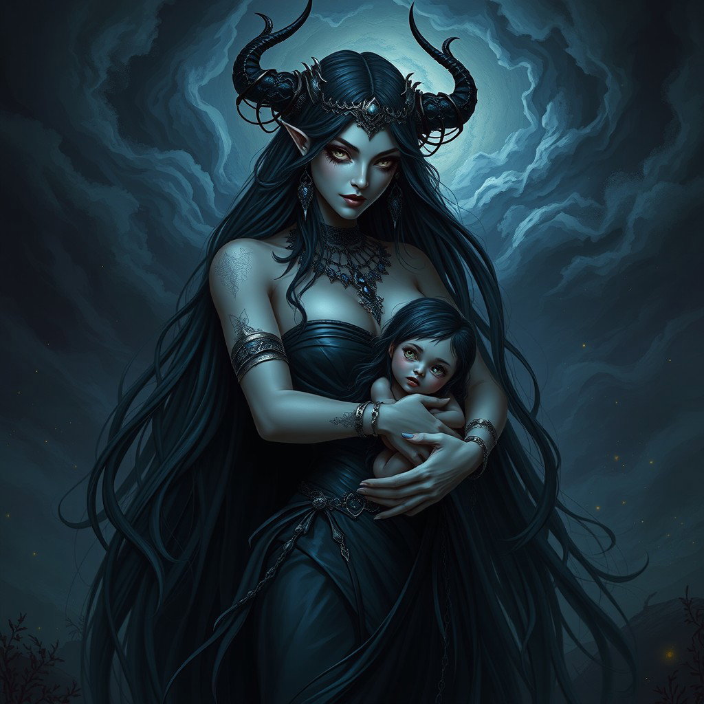 A captivating depiction of Lilith, the dark goddess, cradling a small, enigmatic figure resembling Armilus
