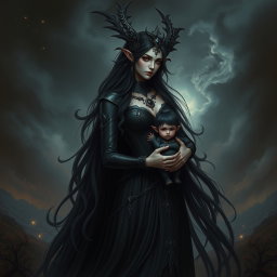 A captivating depiction of Lilith, the dark goddess, cradling a small, enigmatic figure resembling Armilus