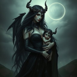 A captivating depiction of Lilith, the dark goddess, cradling a small, enigmatic figure resembling Armilus