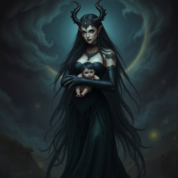 A captivating depiction of Lilith, the dark goddess, cradling a small, enigmatic figure resembling Armilus