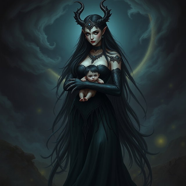 A captivating depiction of Lilith, the dark goddess, cradling a small, enigmatic figure resembling Armilus
