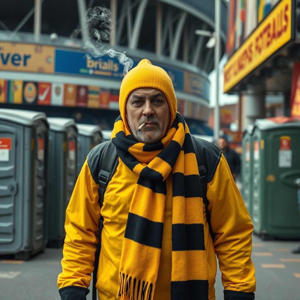 A football fan dressed in yellow and black, wearing a matching scarf, walking down a street near a stadium
