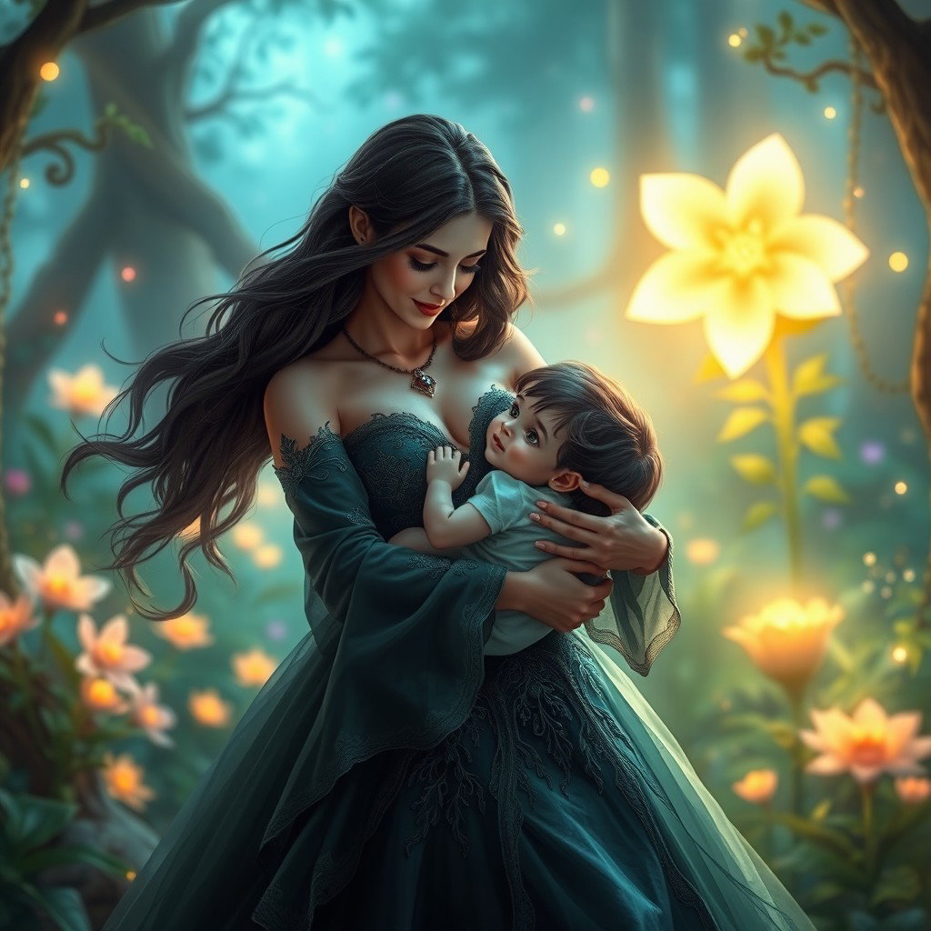 A tender scene of Lilith gently cradling one of her sons in her arms