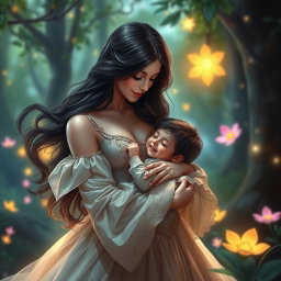 A tender scene of Lilith gently cradling one of her sons in her arms