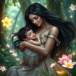 A tender scene of Lilith gently cradling one of her sons in her arms