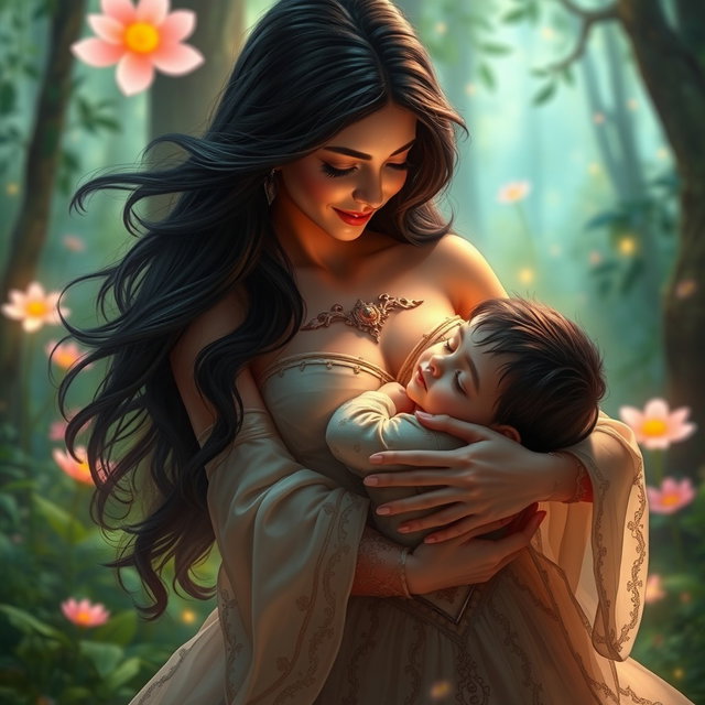 A tender scene of Lilith gently cradling one of her sons in her arms