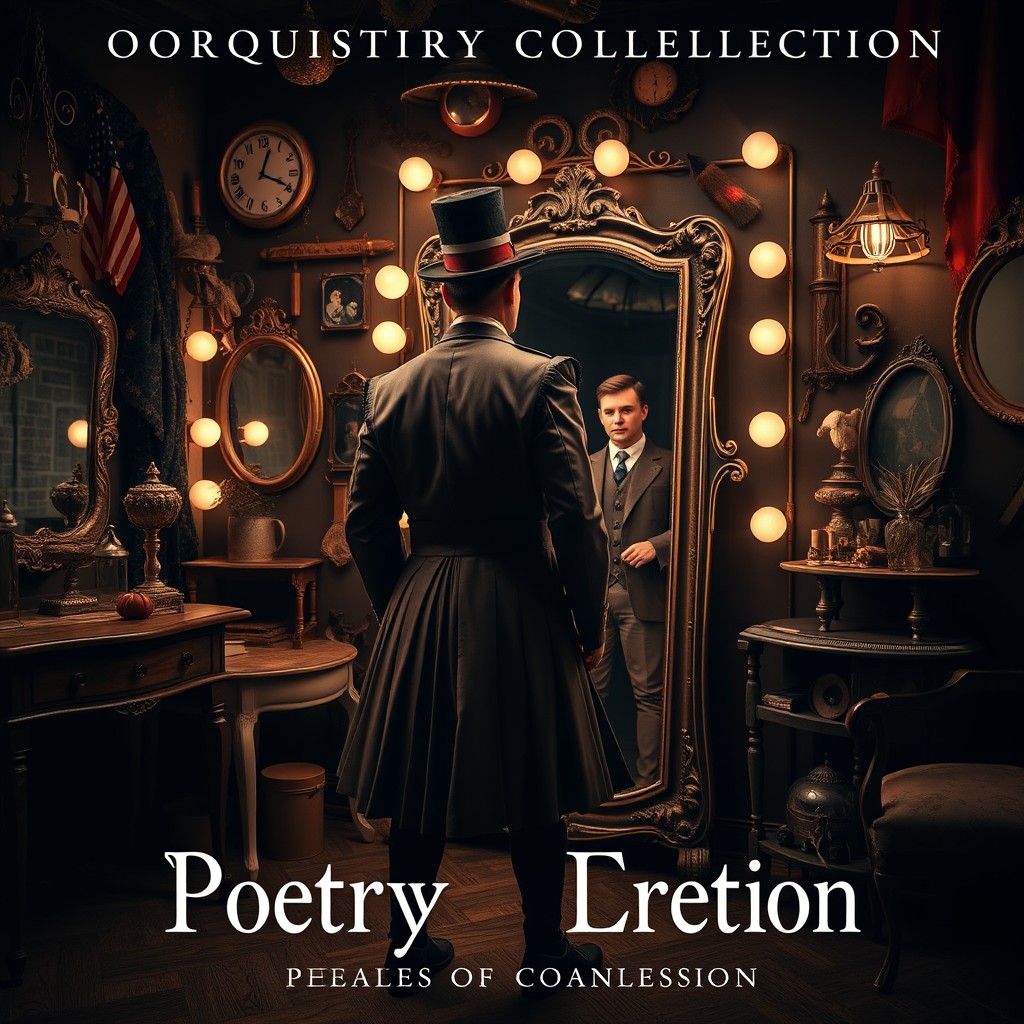 A captivating book cover for a poetry collection featuring an actor in an exaggerated theatrical costume standing with his back to the viewer, gazing into a mirror