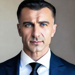 A tall and muscular Turkish man with dark blue eyes, white skin, and shorter black hair. He has a less defined jawline and is dressed in a sleek suit.