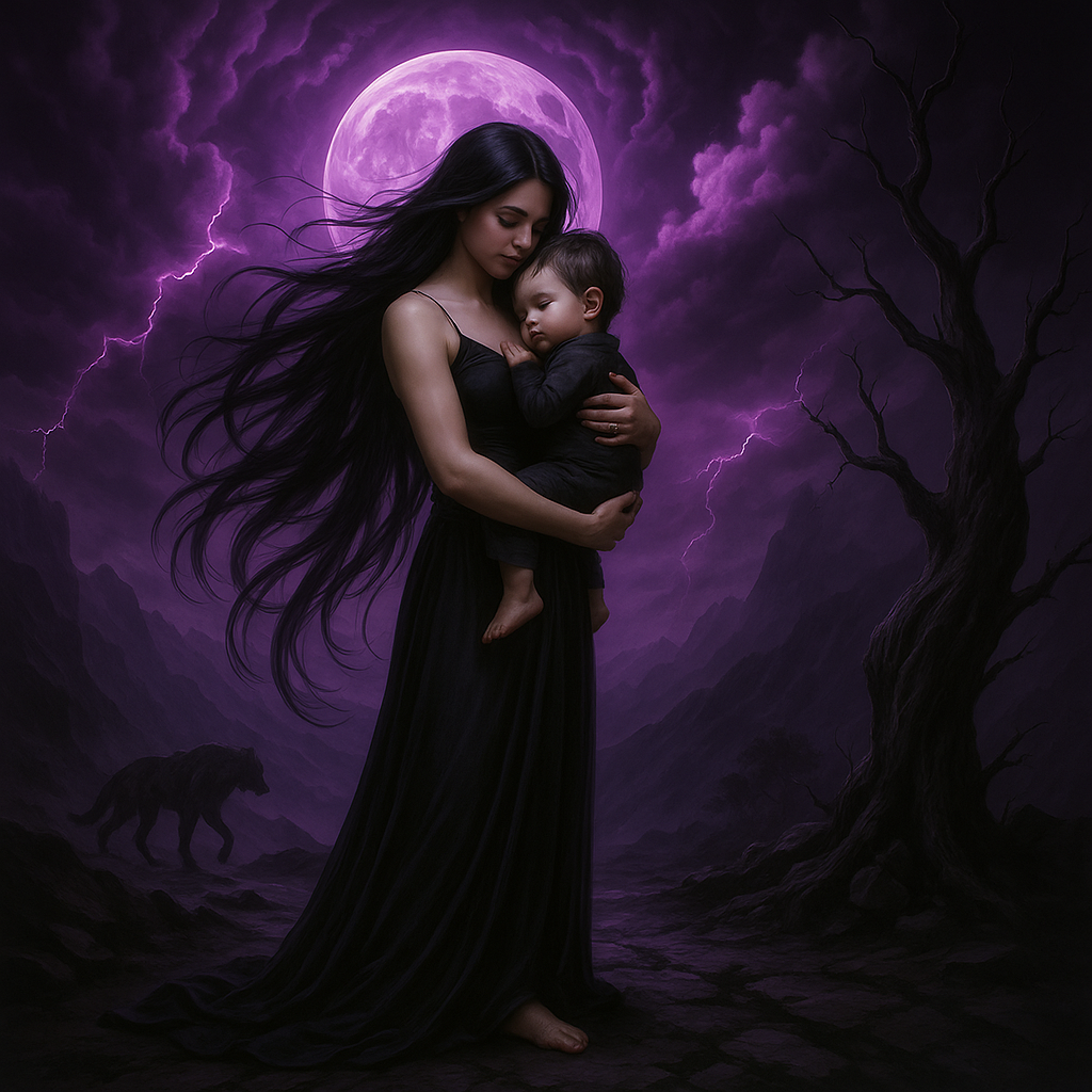 A mystical and darkly enchanting landscape under a glowing purple moon