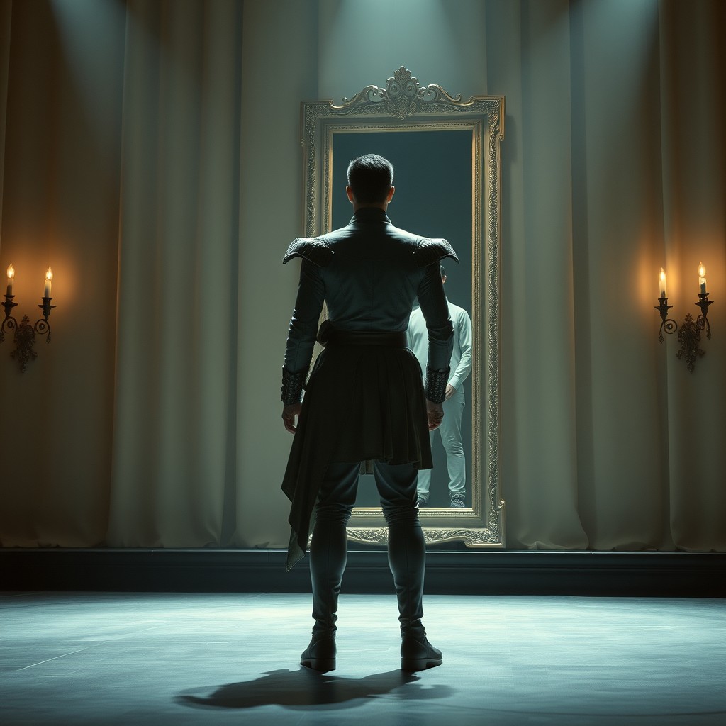 An enchanting scene depicting a theater actor on stage, standing with his back to the viewer, gazing into a mirror