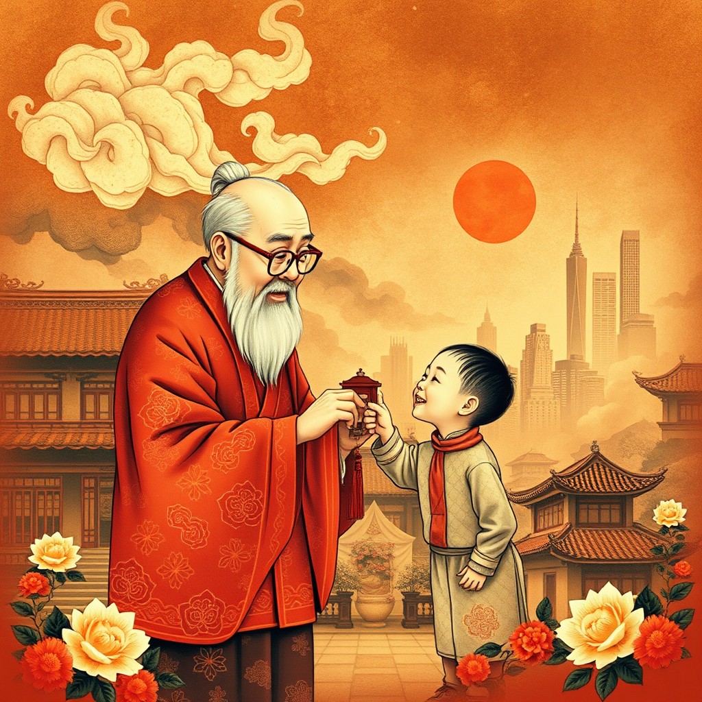 A Chinese grandfather handing a house key to his grandson in a traditional ink painting style infused with modern elements