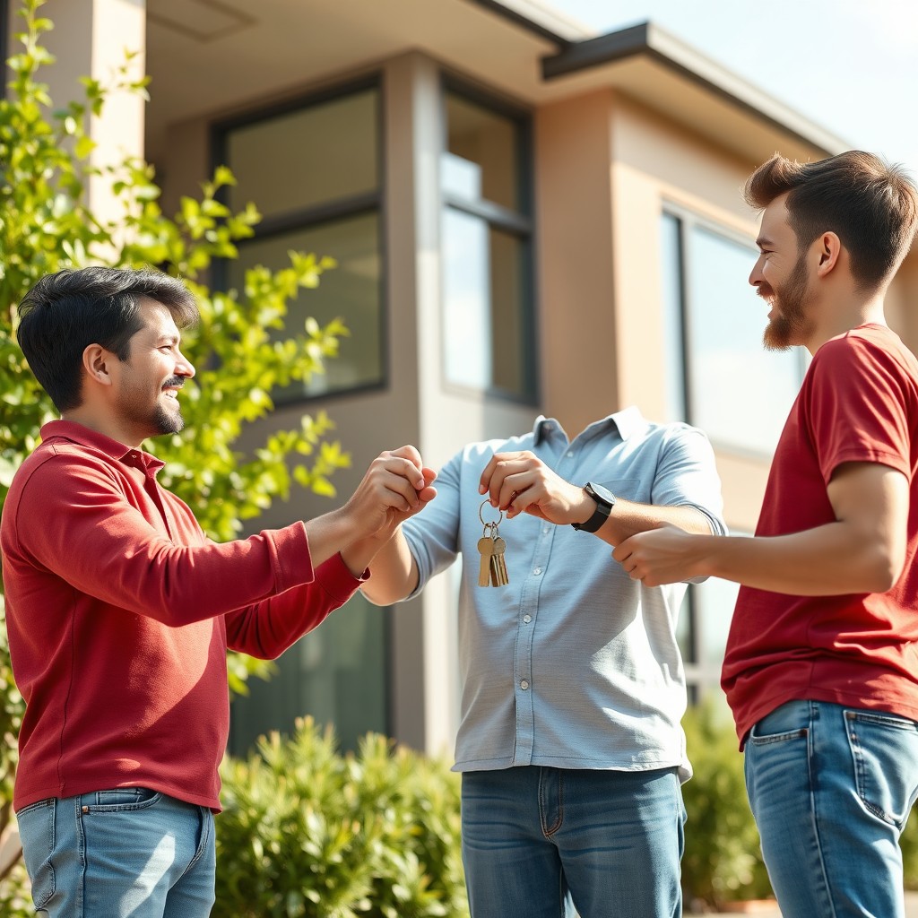 A heartwarming scene of a grandfather presenting the keys to a condo house to his two sons, depicting joy and family unity