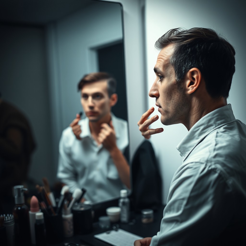 A thought-provoking image capturing a theater actor in his dressing room after a performance, seen in profile as he gazes into a mirror