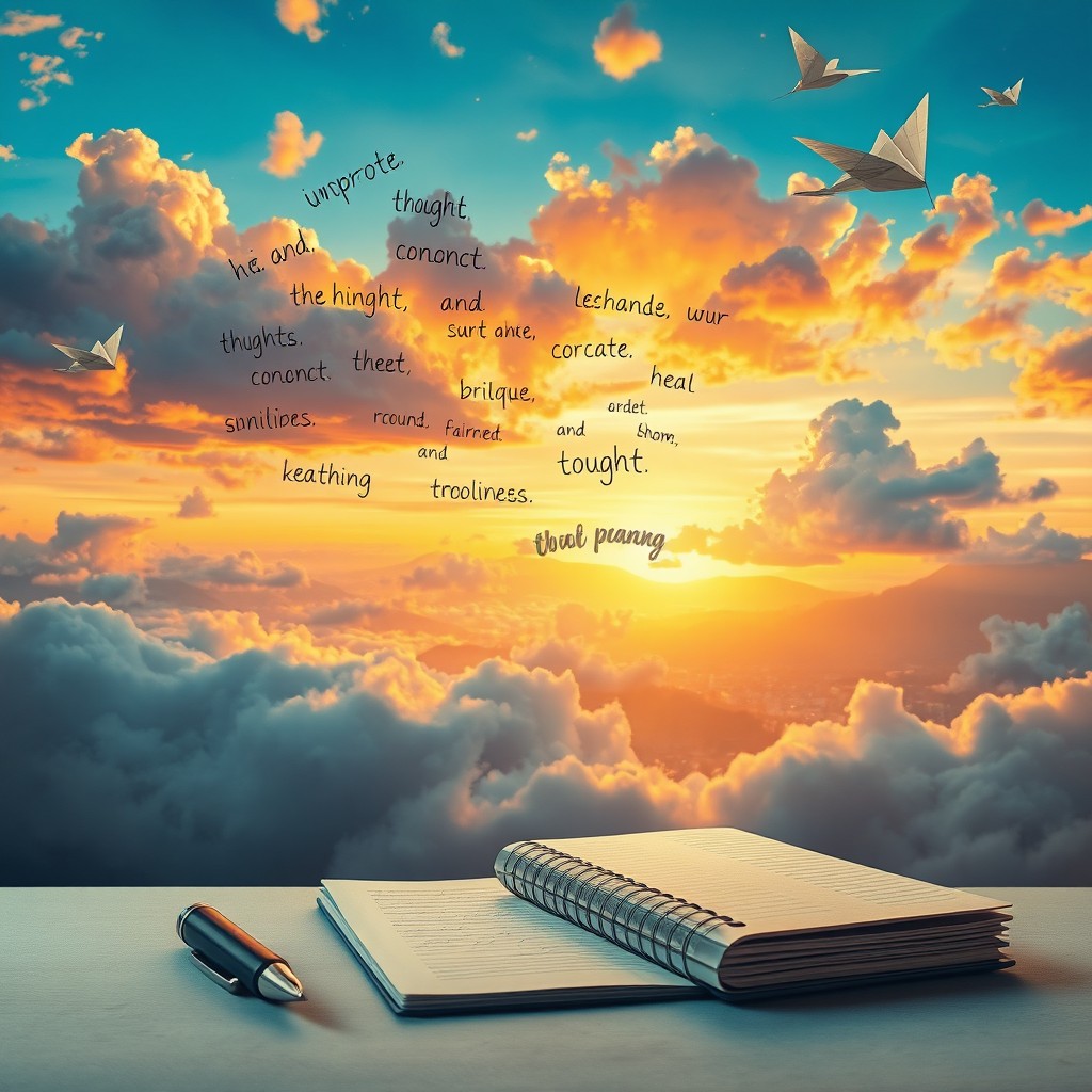 A surrealistic scene featuring a cloudy sky filled with vibrant colors, where abstract words and phrases float through the air, representing thoughts and unspoken ideas