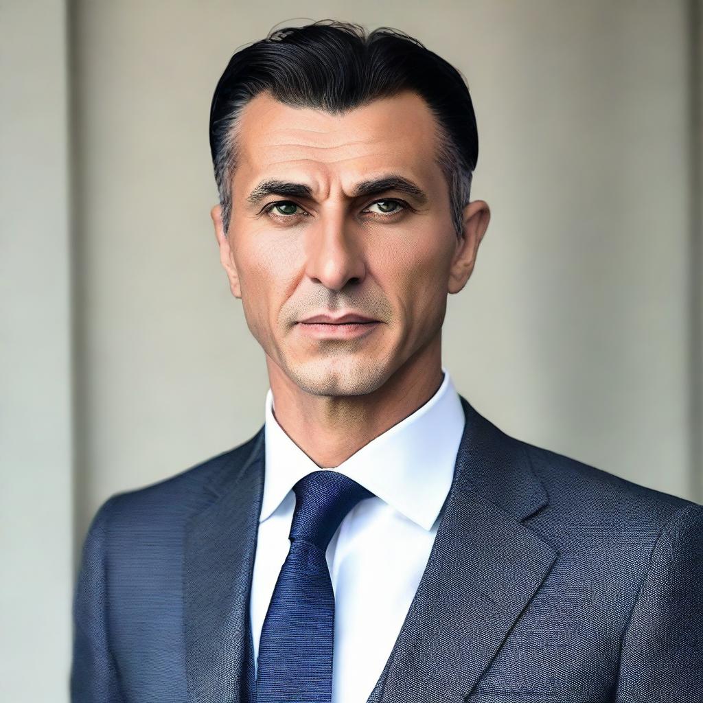 A tall and muscular Turkish man with dark blue eyes, white skin, and shorter black hair. He has a less defined jawline and is dressed in a sleek suit.