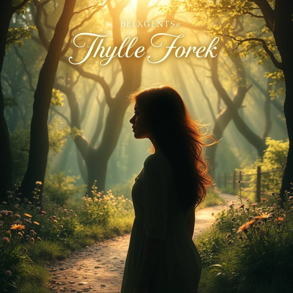 A captivating book cover design, featuring an enchanting and mystical forest bathed in golden sunlight
