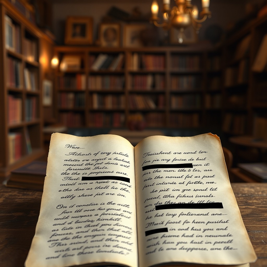 An artistic representation of an open letter with various words strategically erased