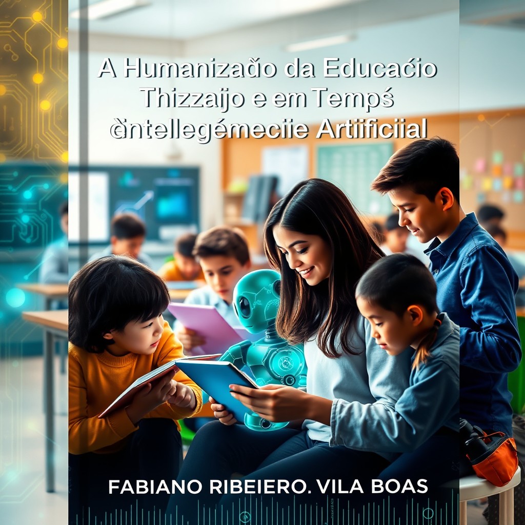 A striking book cover designed for "A Humanização da Educação em Tempos de Inteligência Artificial" by Fabiano Ribeiro Vilas Boas